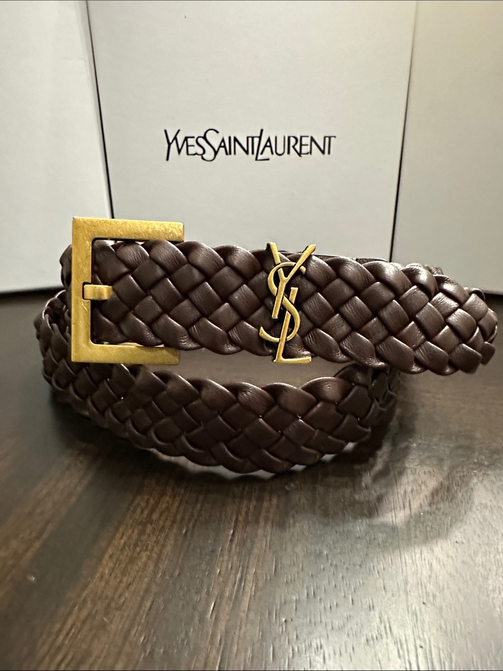 Yves Saint Laurent Brown Braided Leather Belt with Gold YSL Hardware